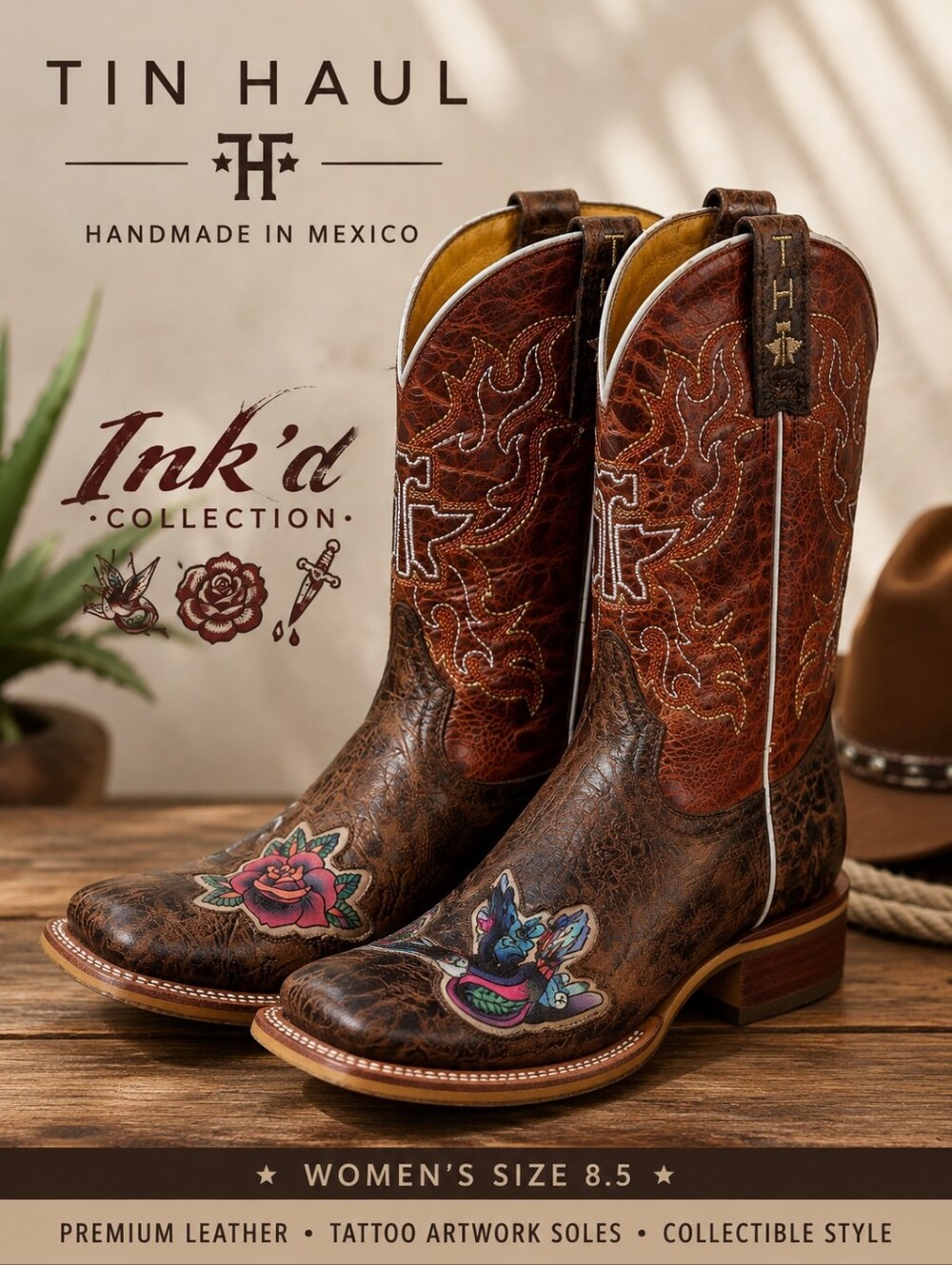 Tin Haul Ink'd Cowboy Boots 8.5 Western Rose Swallow Tattoo Leather Boots RARE